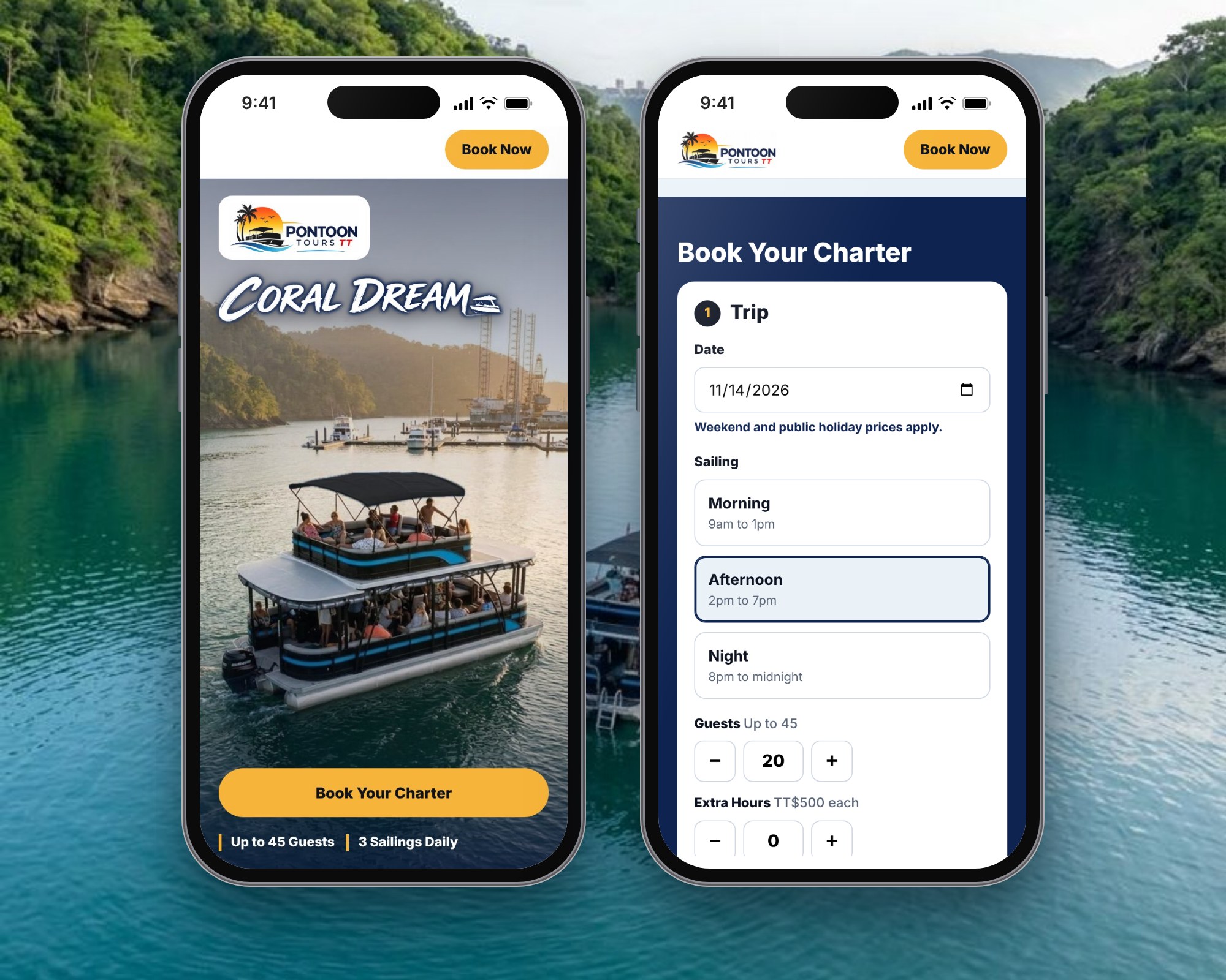 Boat charter website and booking page on two phones