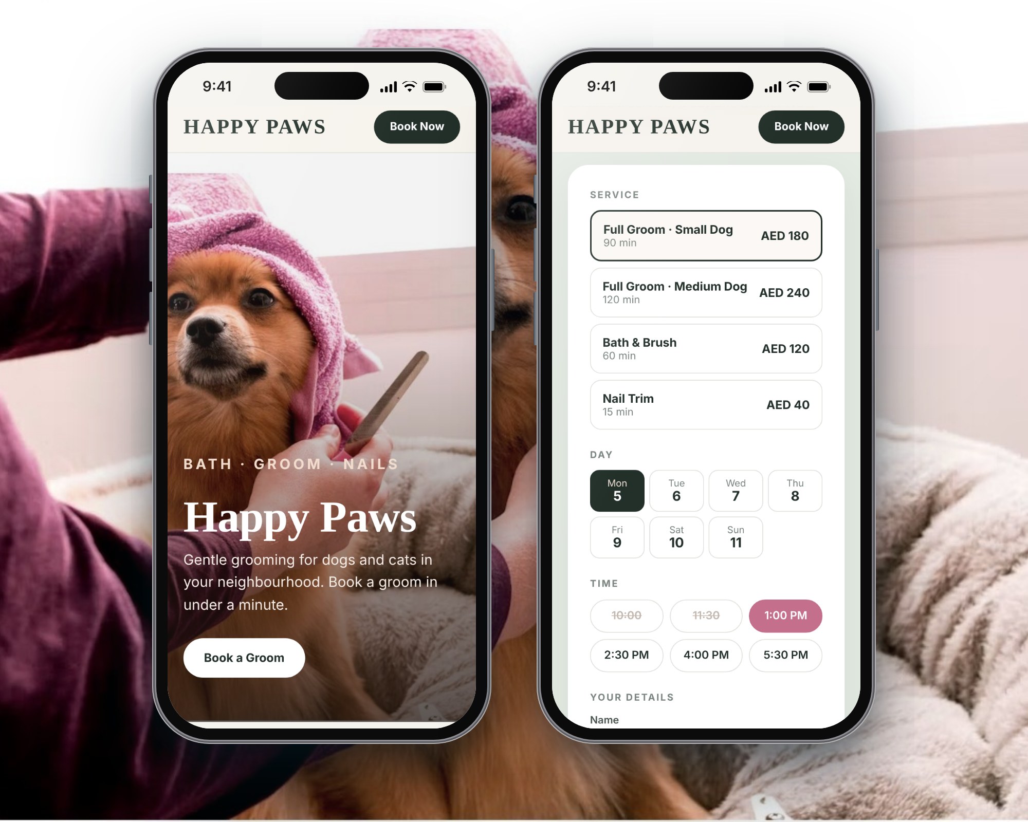 Pet grooming website and booking page on two phones