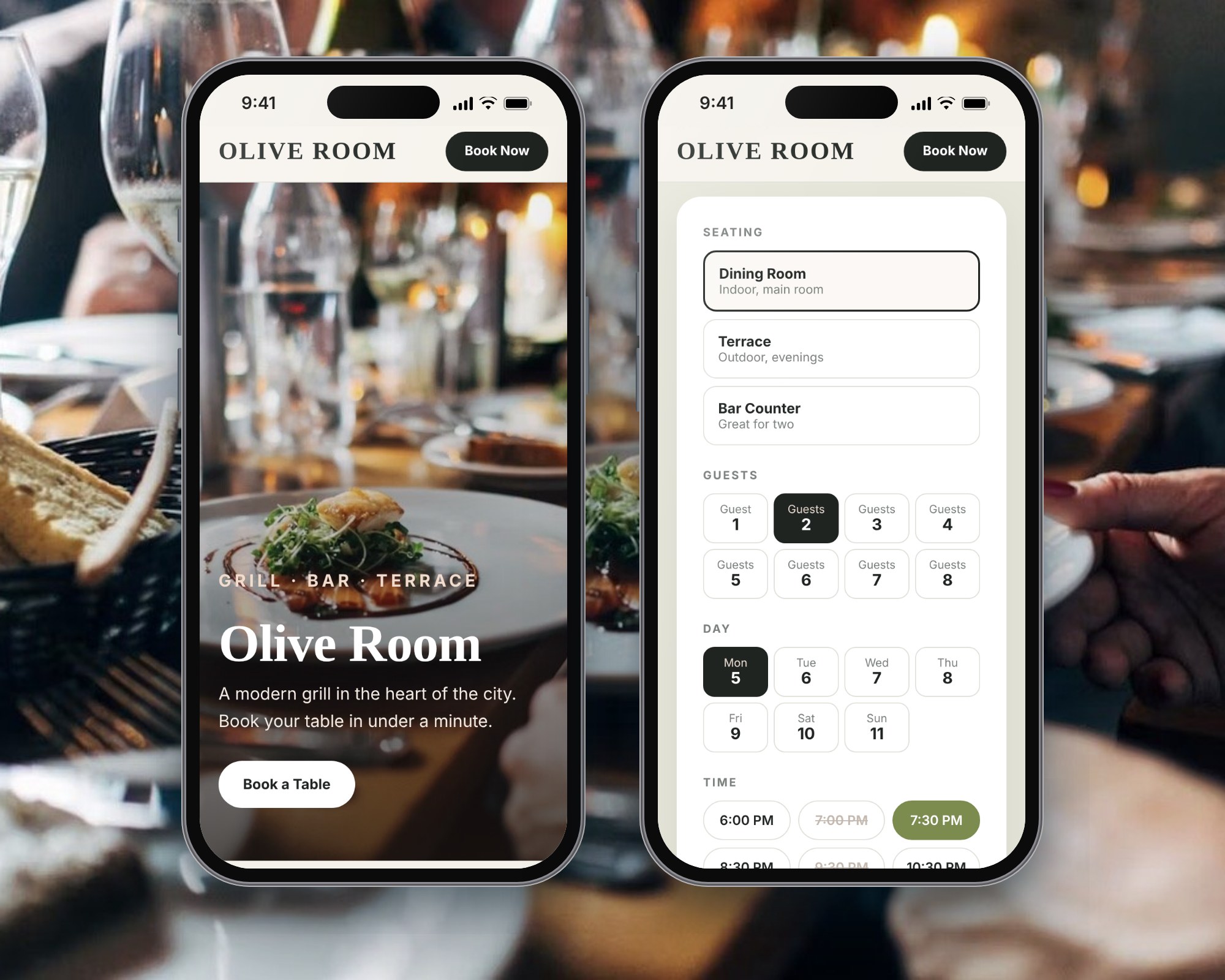 Restaurant website and booking page on two phones